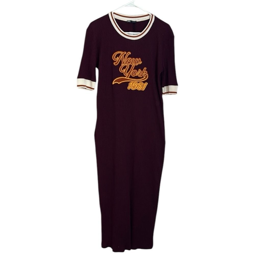NWT Zara Women’s New York Varsity Bodycon Cotton Knit Dress Burgundy Size XL